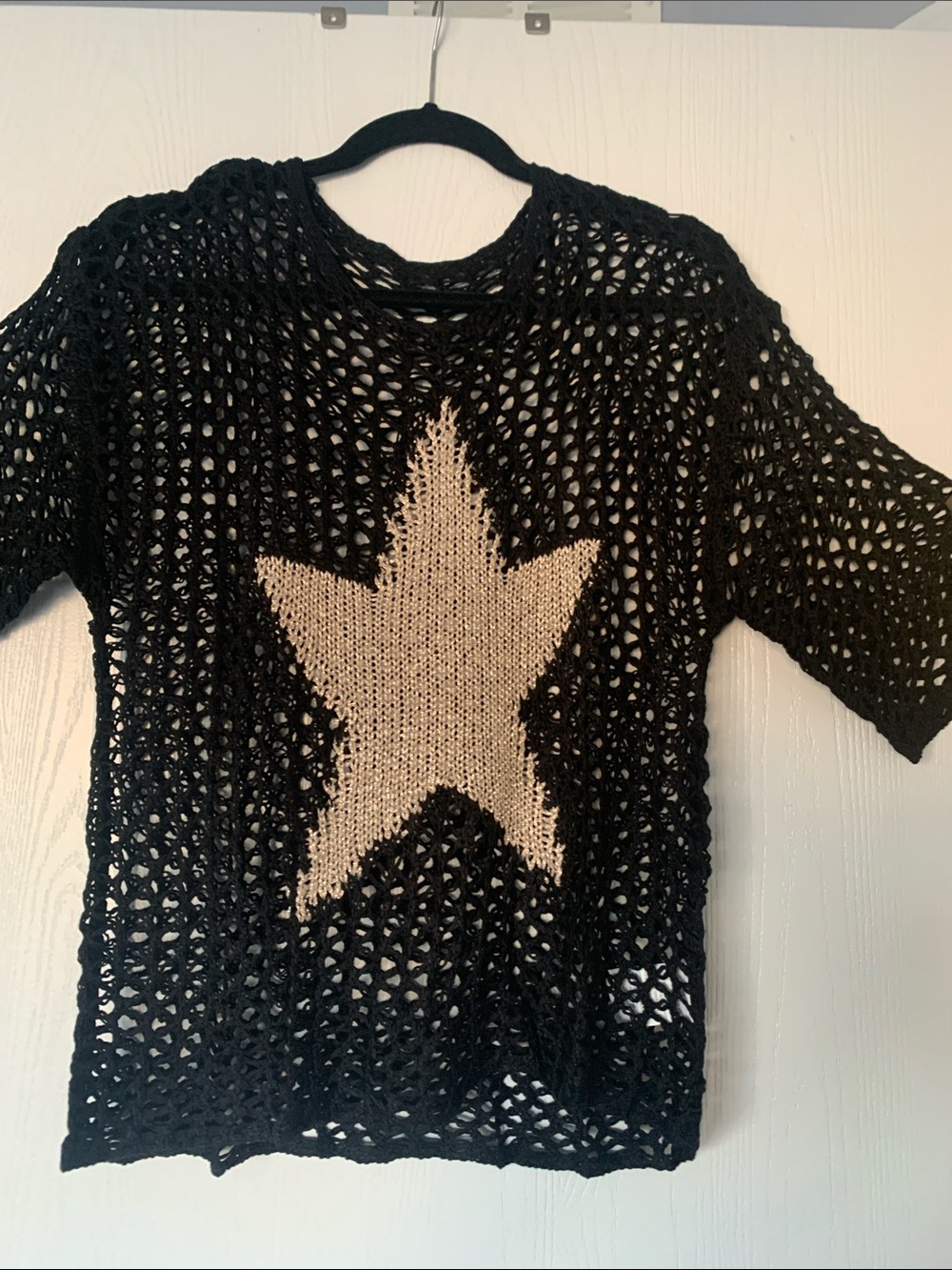 Black Open-Knit Star Sweater with Gold Star